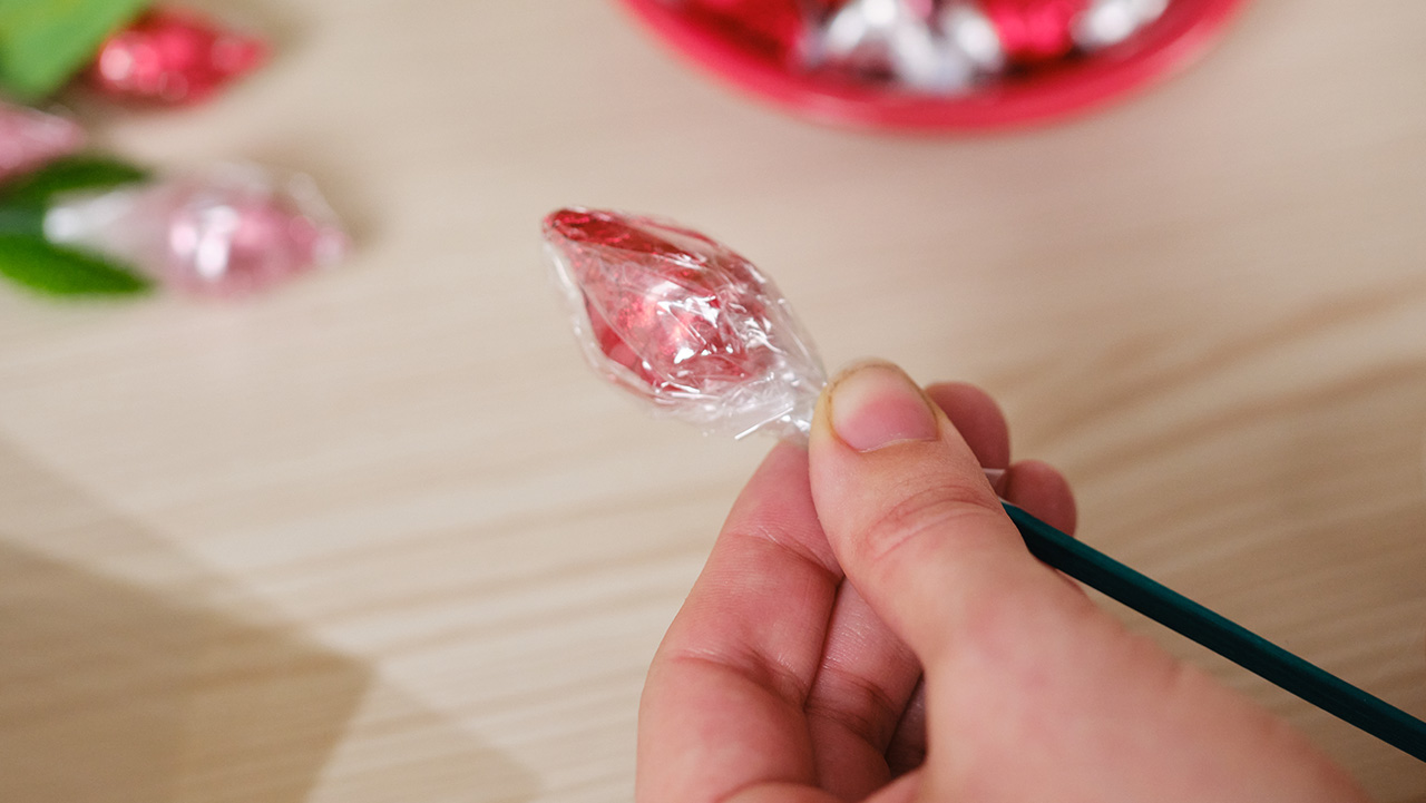 green wood plant stake into cellophane