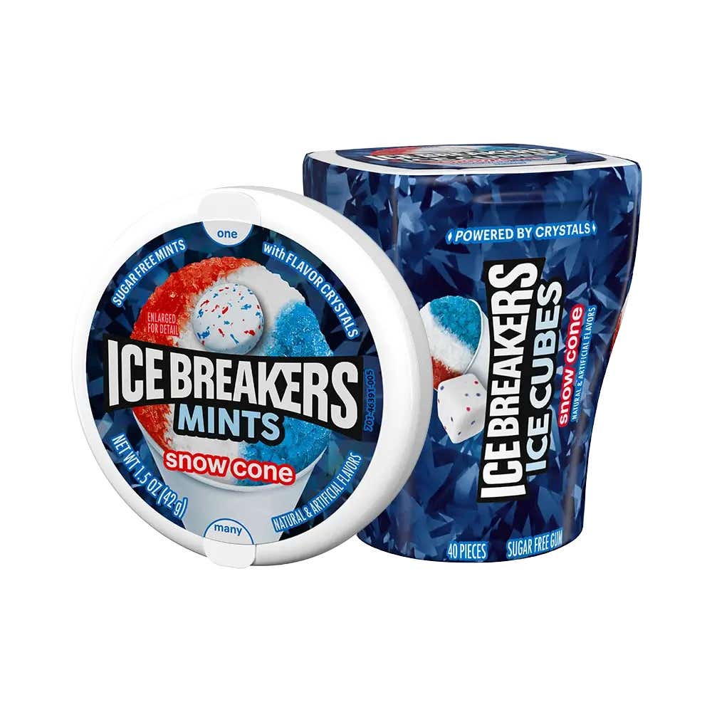 packs of ice breakers snow cone flavored sugar free mints and gum