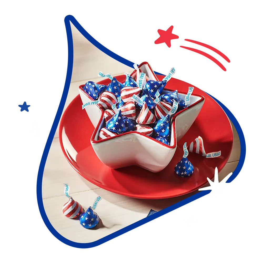 bowl of red, white, and blue hersheys kisses milk chocolate candies