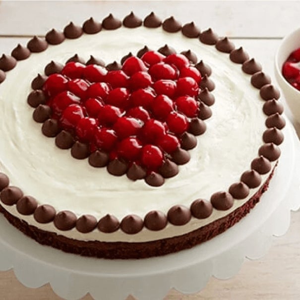 chocolate cherry fudge torte with heart made out of hersheys kisses