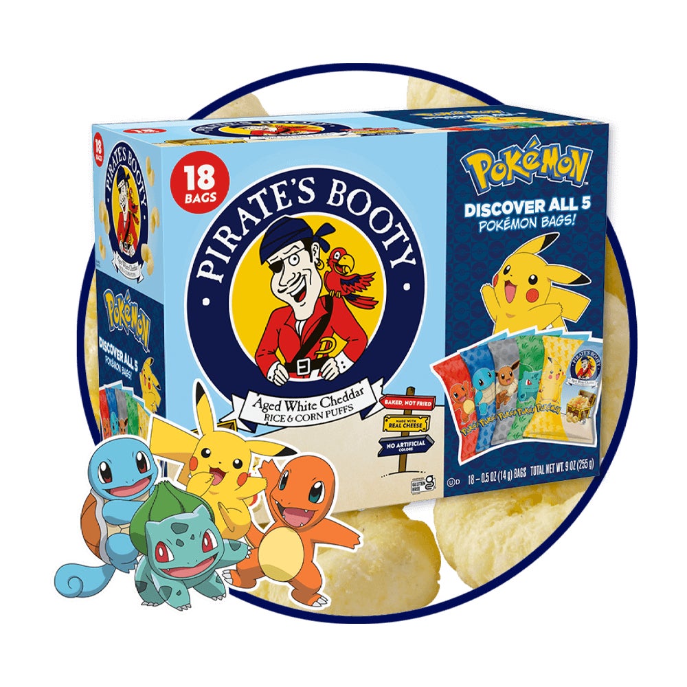 snack size bags of pirates booty pokemon special edition aged white cheddar rice and corn puffs