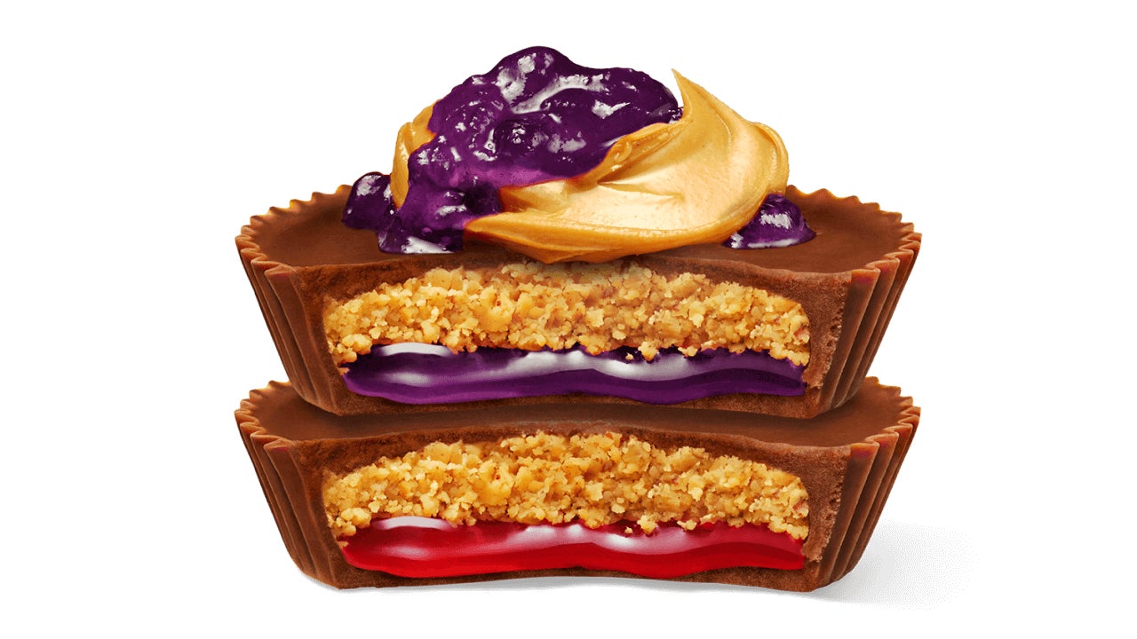 stack of reeses peanut butter and jelly flavored milk chocolate peanut butter cups