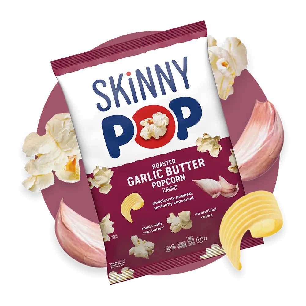 bag of skinnypop roasted garlic butter flavored popcorn