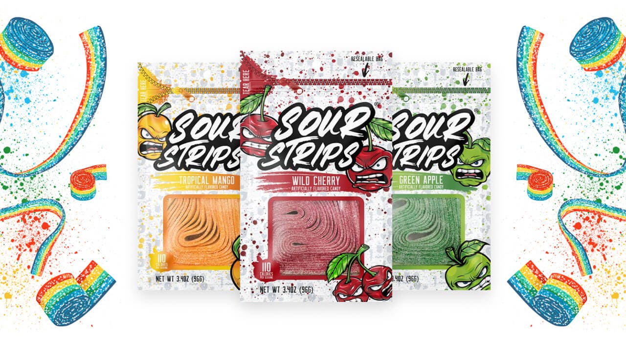 assorted bags of sour strips fruit flavored candy