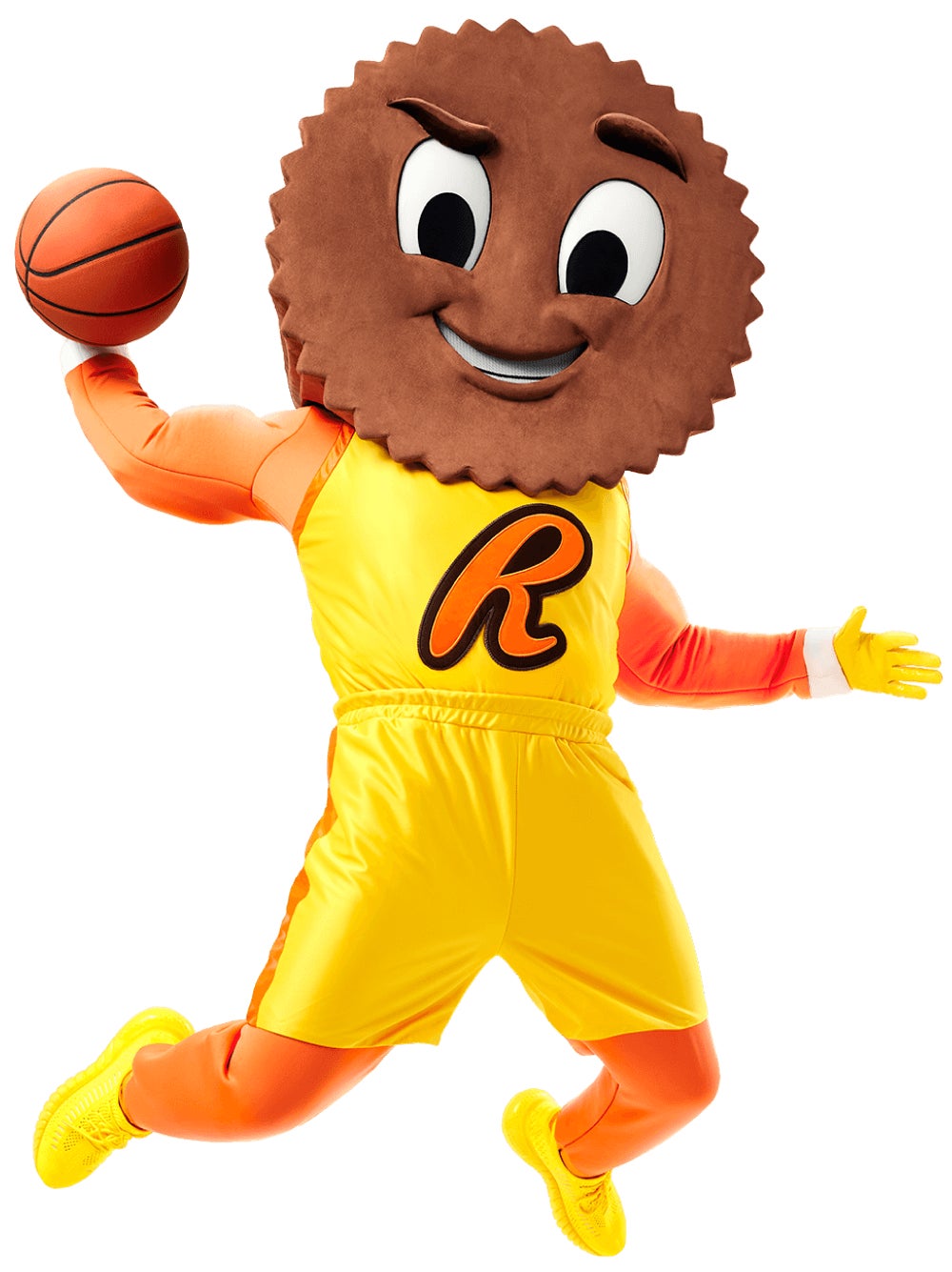 cuppy mascot jumping in the air while holding a basketball